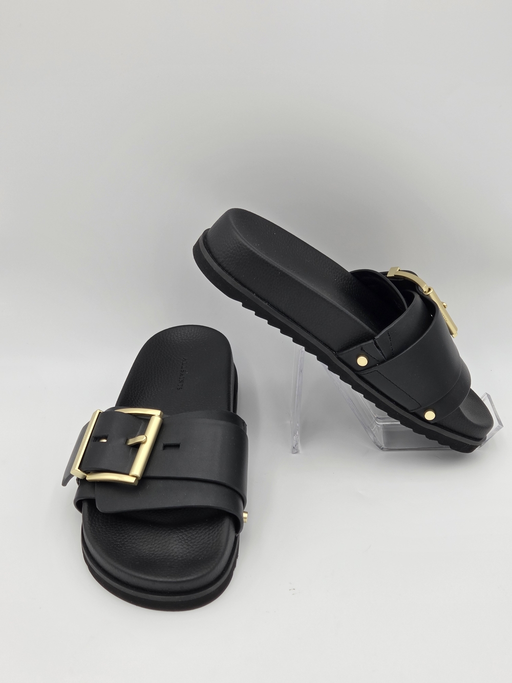 All Saints Ellie Studded Slide in Black Leather with Gold Accents Size 7